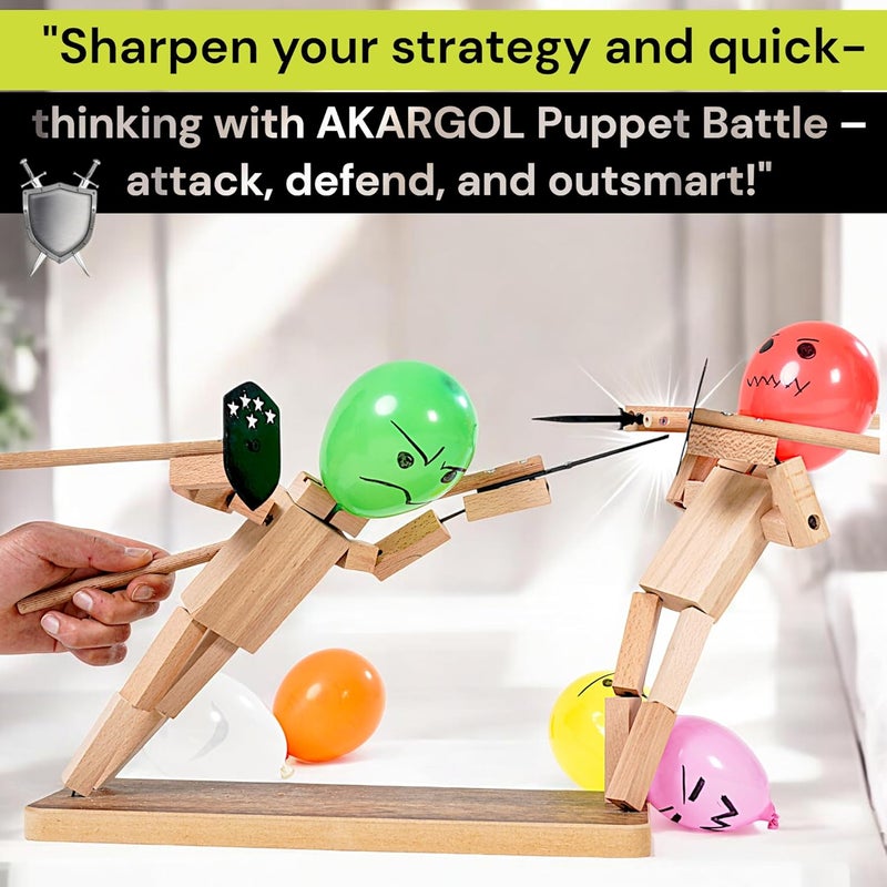 Akargol Handmade Wooden Fencing Puppets - XLarge 2025 New Sword Duel Game Best Family Board Games for Christmas 2-Player Wooden Robot Battle Balloon Game, Whack a Balloon Party Games for 2 Players - Image 5